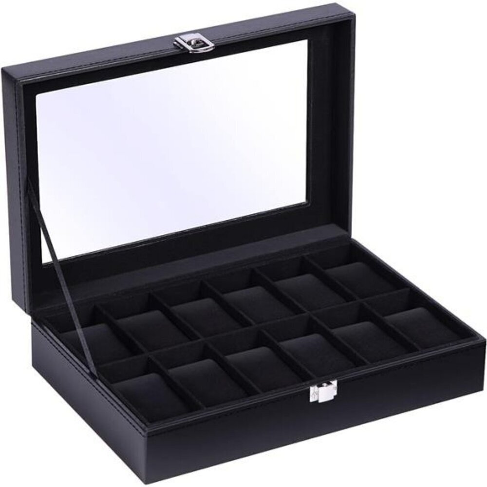 Watch Box Organizer 12 Slot PU Leather Glass Lid Display Case for Jewelry